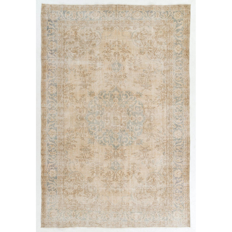 Tapis noué à la main à motif médaillon rétro de couleur neutre