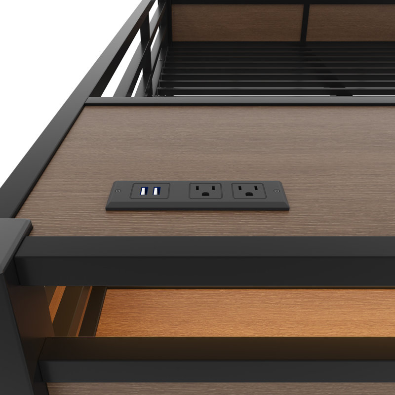 Full Over Full Metal Bunk Bed with LED Light Strip and USB Power Strip, Full Over Full
