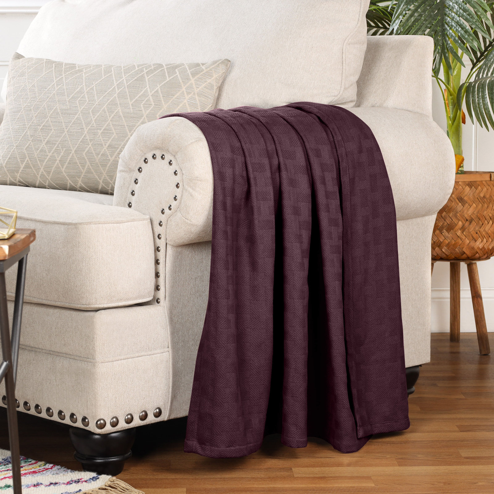 Bertie Cotton Throw Blanket, Plum, Throw
