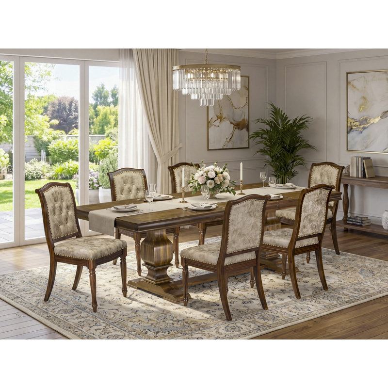 L'ensemble de table de cuisine 7 pièces comprend une table de salle à manger rectangulaire et 6 chaises en cuir de polyuréthane beige clair, finition noyer antique