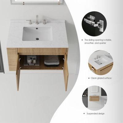 Meuble-lavabo suspendu de 91 cm avec lavabo, porte à fermeture amortie, comptoir et dosseret en marbre synthétique blanc de Carrare de 1,5 cm d'épaisseur, contreplaqué