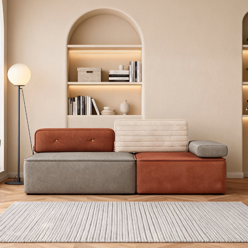 Compressed Sofa, Grey & Terracotta Multi-colour Upholstery, Built-in Spring Pack Support, Cushioned Backrests, Compact Living Room Couch For Small Spaces & Apartments