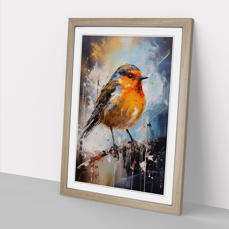 Robin Bird Action Painting - Framed Print, 34cm H x 25cm W x 2cm D, Oak