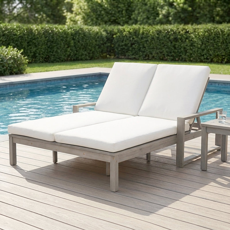 Méridienne double réglable pour l'extérieur avec coussins - Méridienne de patio en bois massif pour la piscine, le jardin ou le balcon