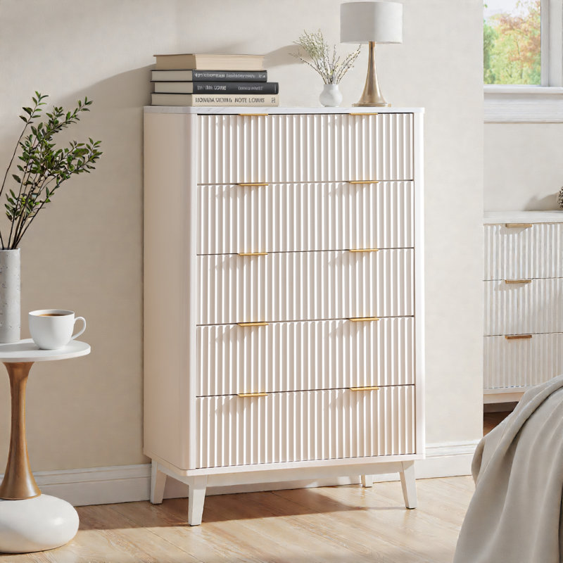 Commode 5 tiroirs Modern - Dessus en faux marbre et surface incurvée, White