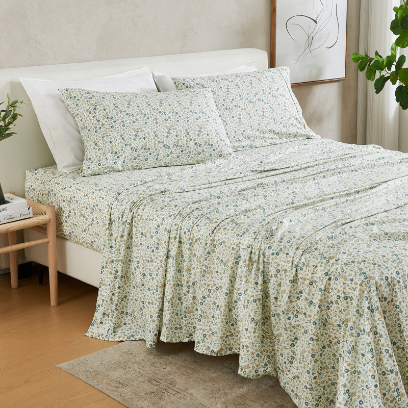 Cotton & Rayon from Bamboo Blend Floral Printed Sheet Set, Queen Sheet Case Pack with 3 Additionals Included
