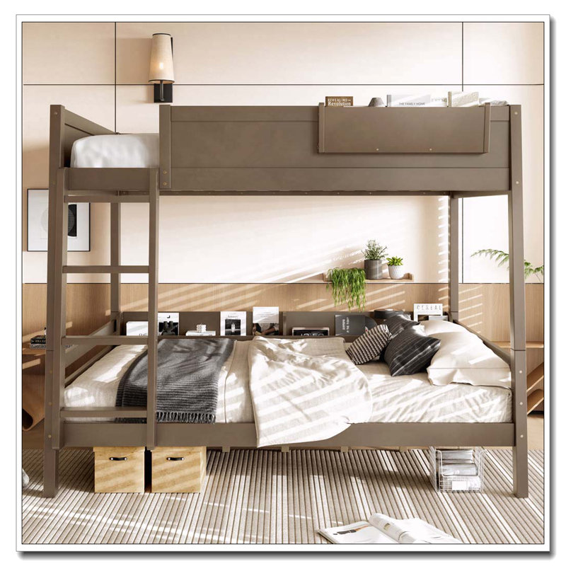 Lit superposé avec tablette de rangement et bibliothèque, lit superposé en bois avec échelle et garde-corps, Grand lit, Brun