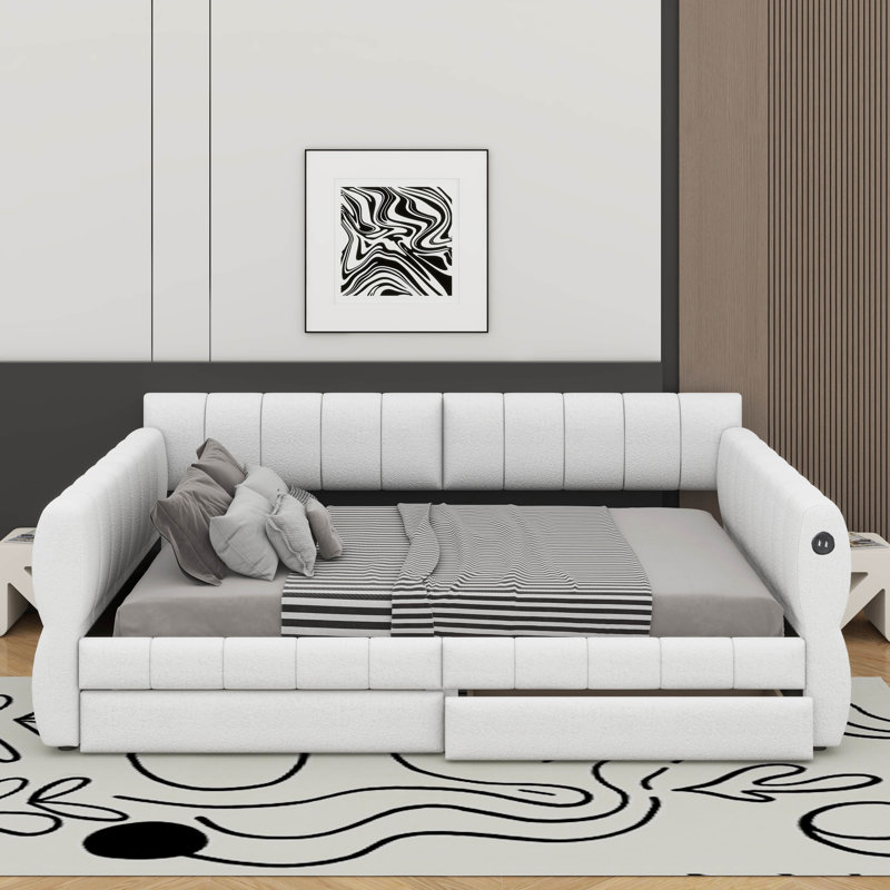 Grand lit plateforme tapissier avec port USB et 2 tiroirs, Blanc