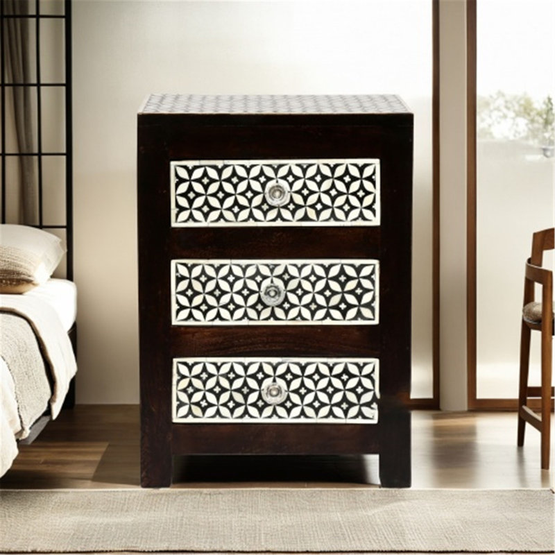 Exquisite Mango Wood and Bone Inlay Nightstand with Three Drawers for Storage