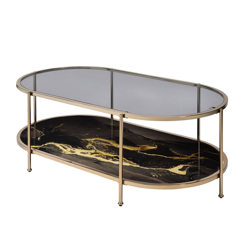 Table basse noire à imprimé marbré avec construction élégante en métal et éléments fonctionnels