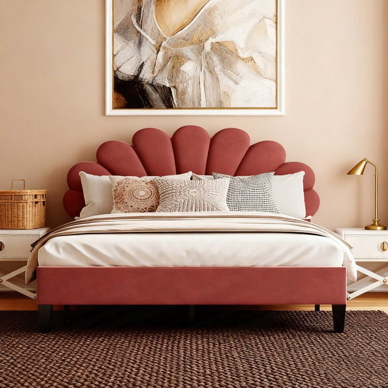 Lit plateforme tapissier avec tête de lit en velours à motif floral, Grand lit, Rose