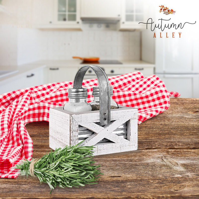 Rustic White-Wash Wood and Glass Salt & Pepper Shakers with Metal Caddy