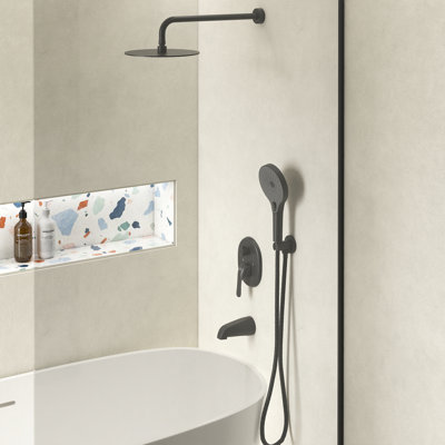 10 inch Round Shower System with 3 Setting Handheld, Black Rainfall Shower Head, All-In-One Kit with Rough-in Valve