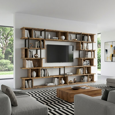 Modern Industrial 124" Wall Storage Bookcase With Tv Opening