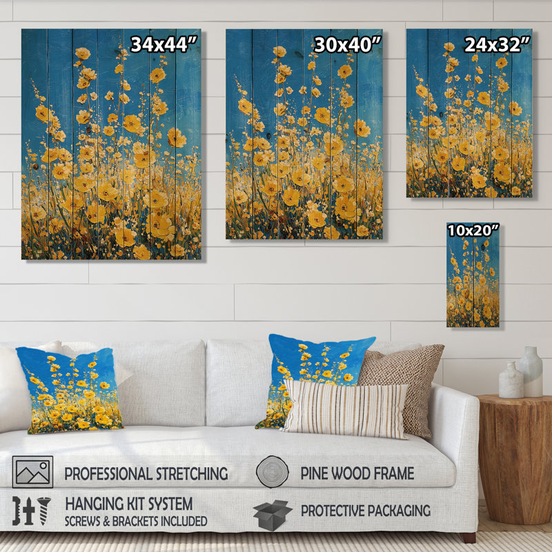 Joyeuses lumières jaunes jaune Wildflowers III - décoration murale en bois de fleurs sauvages - sur bois de pin naturel