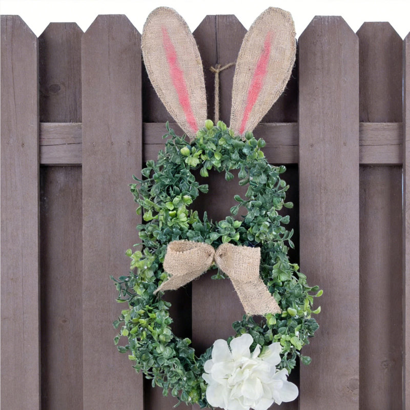 Couronne de printemps de lapin de Pâques pour porte d'entrée Oreilles de lapin mignonnes, verdure artificielle, couronne de buis avec nœud en lin et hortensia blanc pour la porte