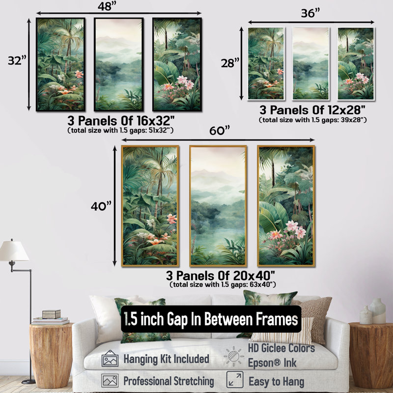 Ensemble de salon d'art tropical Tropical Wilderness Escape III - Jungle, H 32 po x l 48 po x P 1 po, Cadre flottant doré