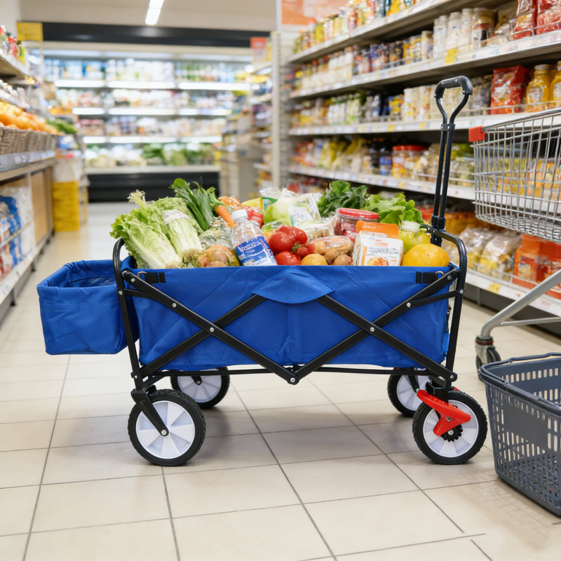 Wagon pliant bleu pour le jardin, le magasinage et la plage