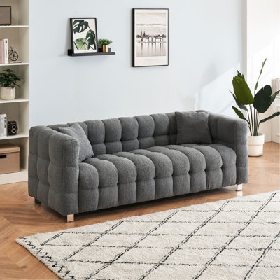 Canapé gris de 203 cm (80 pouces) avec revêtement en molleton, 3 coussins, pieds en métal, rembourrage en mousse, structure en bois massif et panneaux pour chambre à coucher ou salon, pieds décoratifs, base en bois