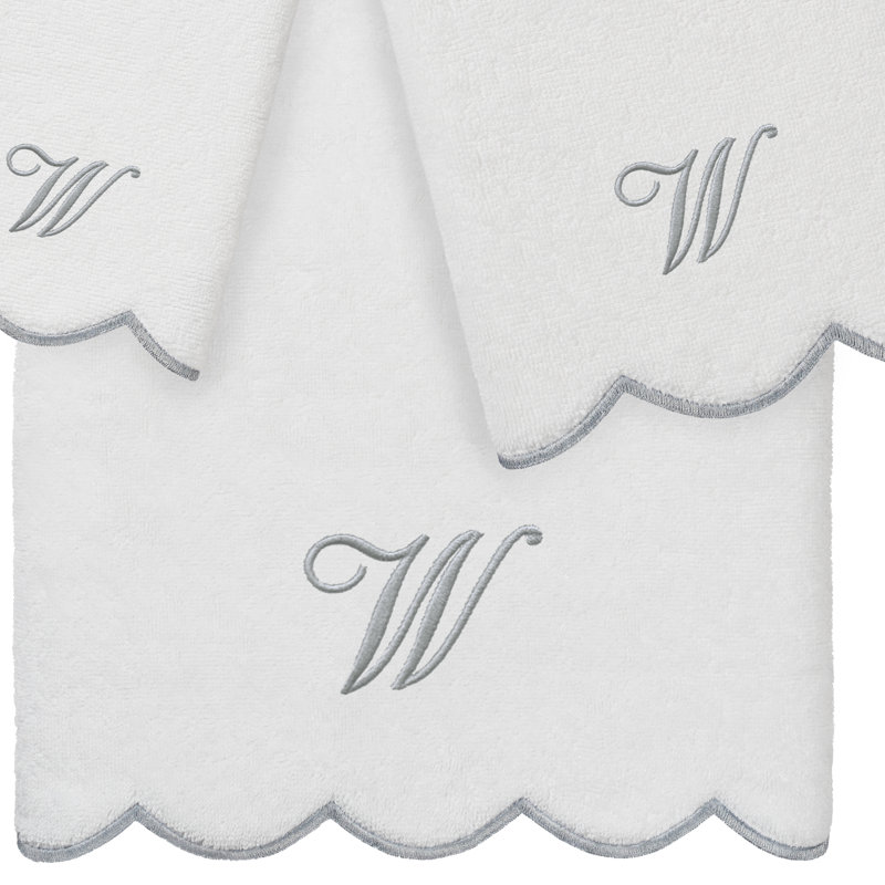  100% Turkish Cotton ADORNIA Scallop 3PC Personalized Towel Set, W, 3 Piece Towel Set, White/Grey