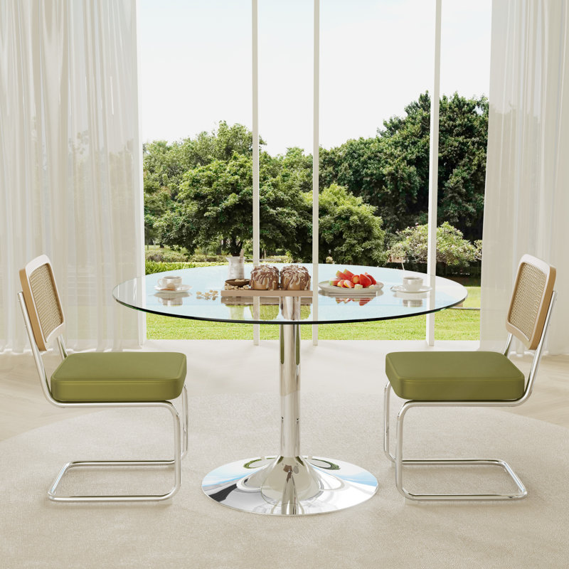 3-Piece Round Glass Dining Table Set, Green, 29.5" H x 35" L x 35" W