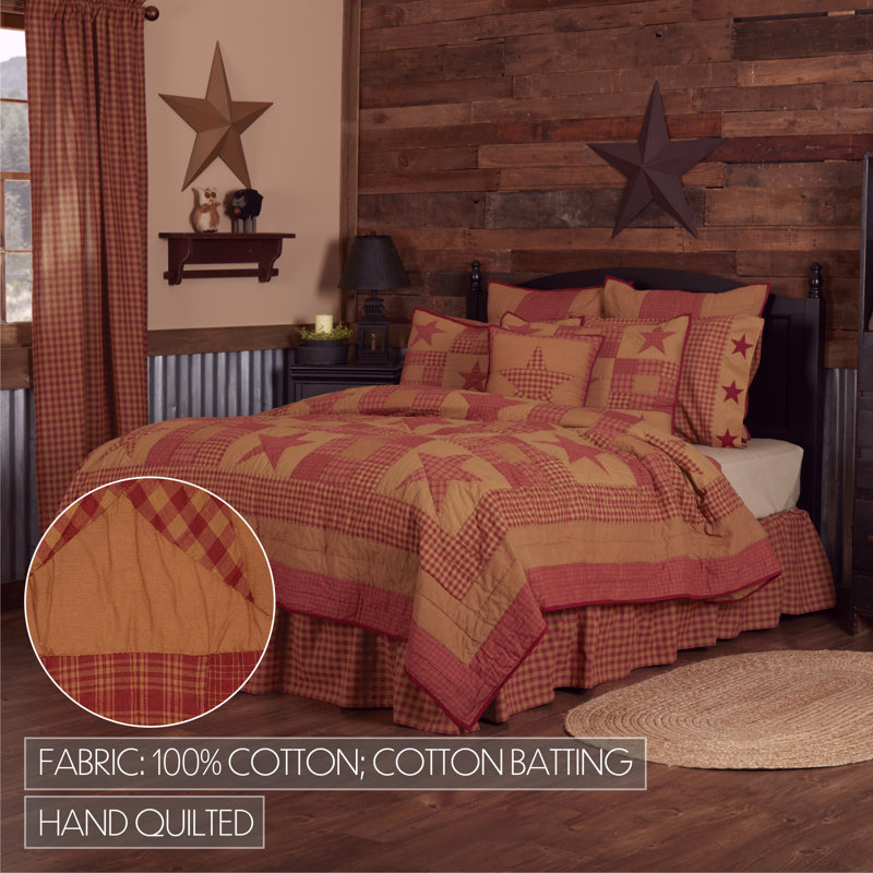 Ninepatch Star Twin Reversible Cotton Quilt in Burgundy and Tan