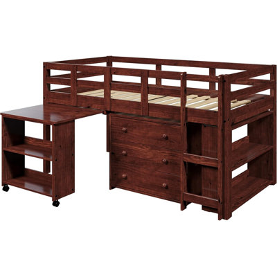 Base de lit mezzanine simple en bois massif espresso pour enfants avec bureau, tiroirs et tablettes