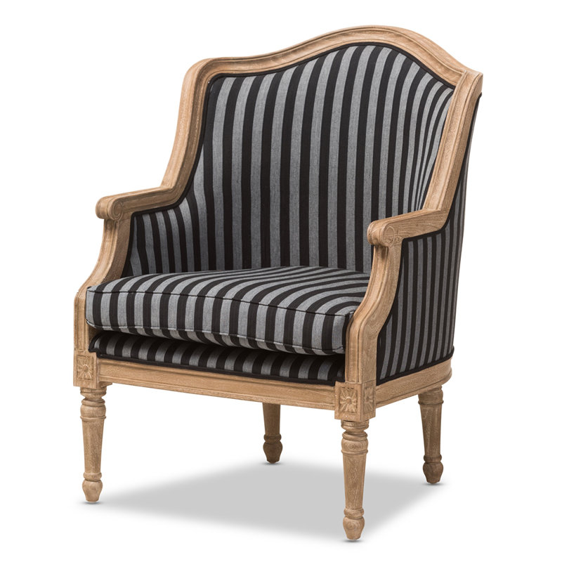 Atanasio 27.75" Wide Arm Chair, Navy Linen Blend, Light Brown