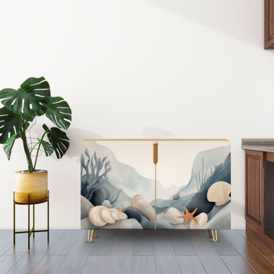 Sideboard Buffet Cabinet with Storage Seamless border beige sea shells stars pebbles watercolor pebble Hand with 2 Doors for Living Room and Kitchen