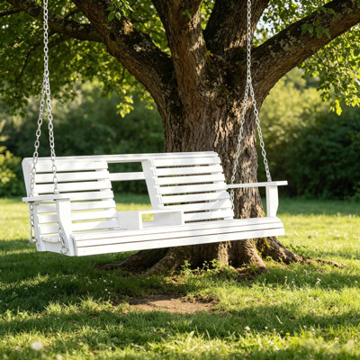 Balancelle de véranda en bois à 3 places d'une capacité de poids de 440 lb, banc de patio avec table basse pliante, porte-gobelets et chaînes inclus