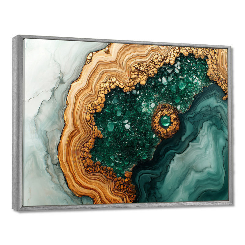 Abstrait émeraude et glissade sur bois rivière I - art mural en pierre géode, H 30 po x l 40 po, Argent argent
