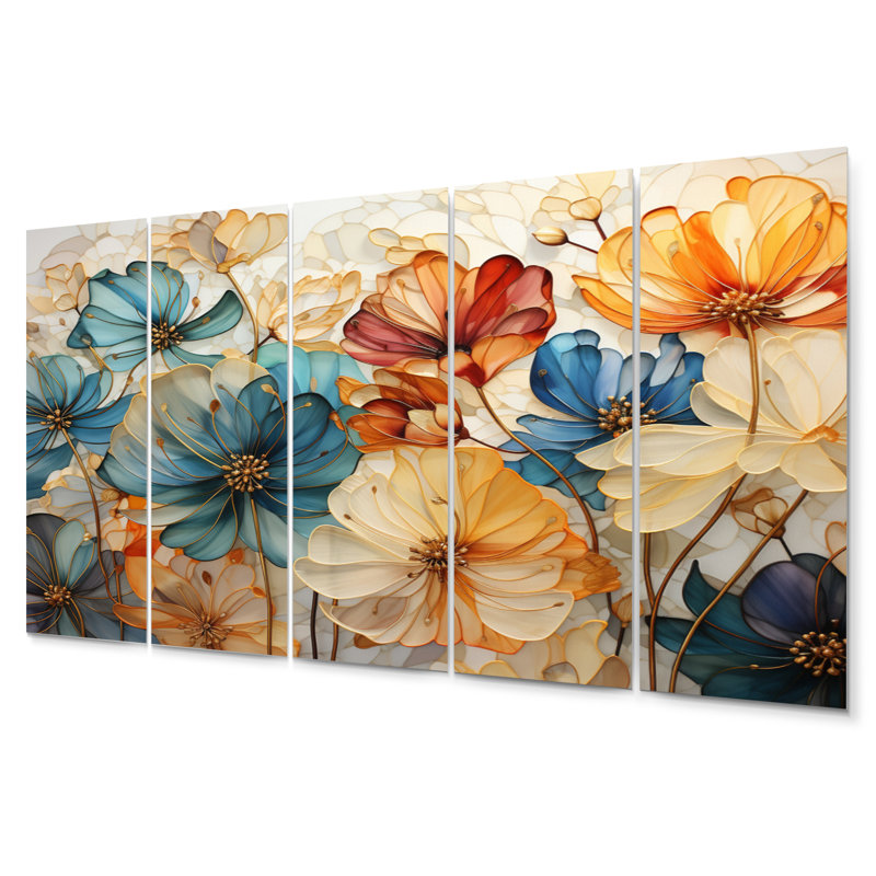 Ensemble de décorations murales en métal Teal Orange Petal Mosaics II - Abstract Botanicals