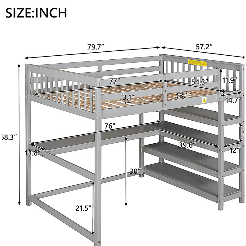 Lit mezzanine double avec tablettes de rangement et bureau sous le lit, gris, Gris