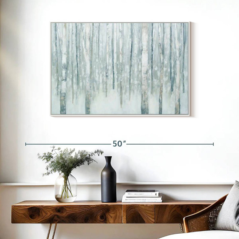 Bouleaux en bleu-gris d'hiver, Cadre flottant blanc, 37 po x 25 po