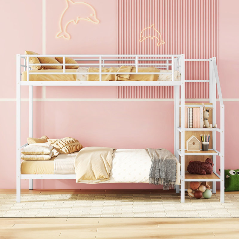 Lit superposé double en métal avec échelle de rangement latérale et garde-robe