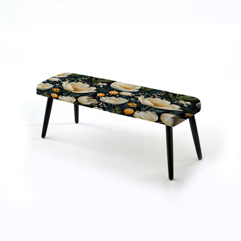 Beige et jaune tissé Ikat Blooms - Banc rembourré floral noir