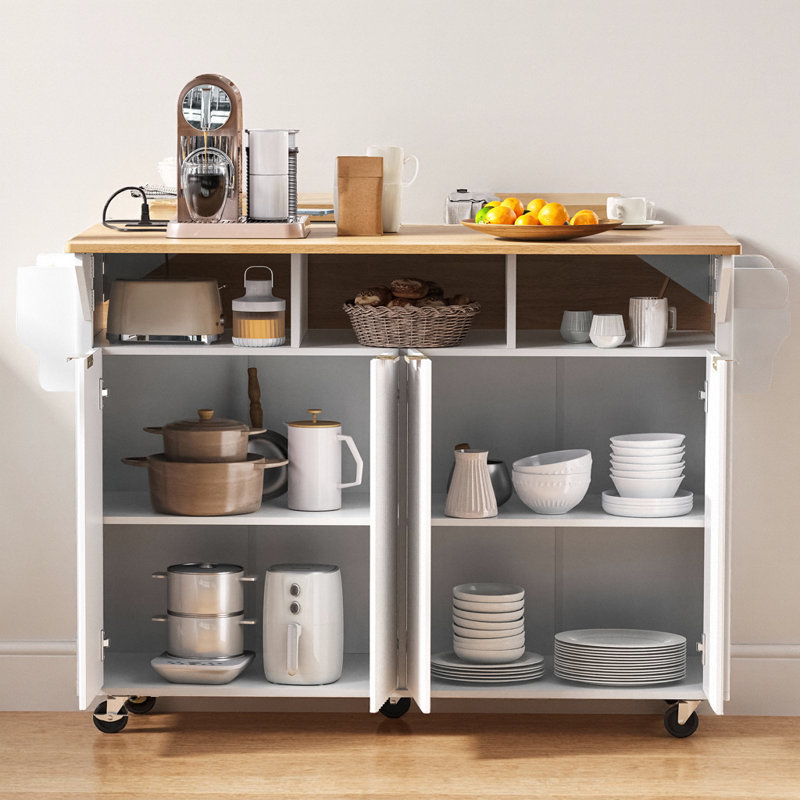 Modern Fluted Kitchen Island with 2 Drop-Leaf, Built-in Power Outlet & 4 Doors, 55.5" Rolling Storage Cart with Spice Rack