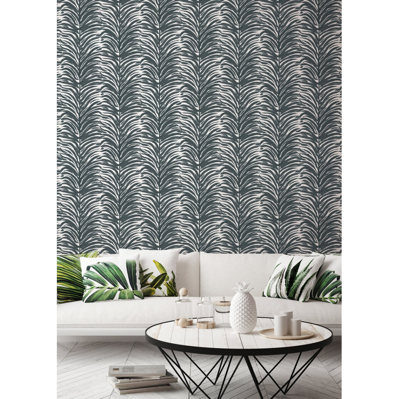 Deco Fern 10' L x 24" W Peel and Stick Wallpaper Roll, Charcoal, Peel & Stick