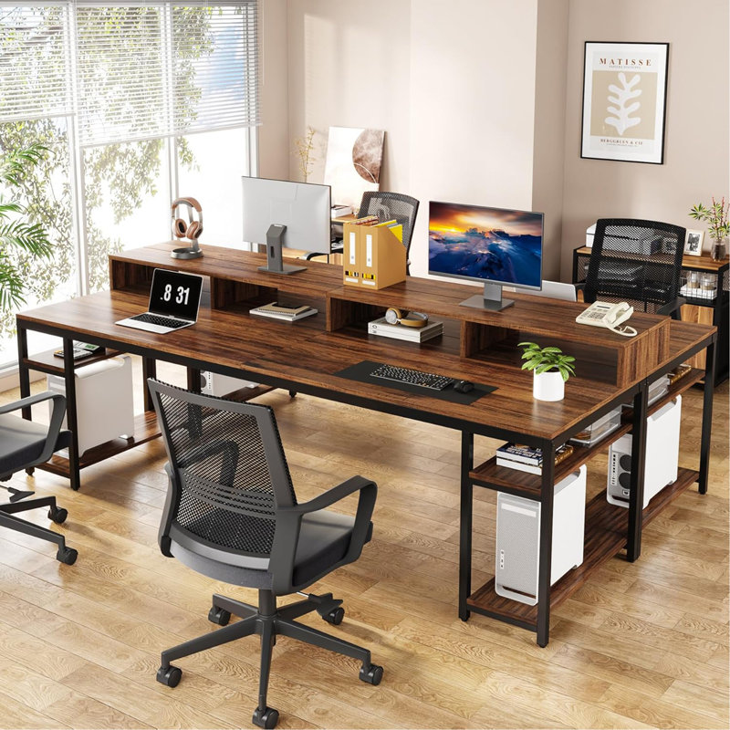 Bureau 78 po pour deux personnes, poste de travail double extra long avec pieds en X élégants, bureau industriel pour 2 personnes, brun rustique