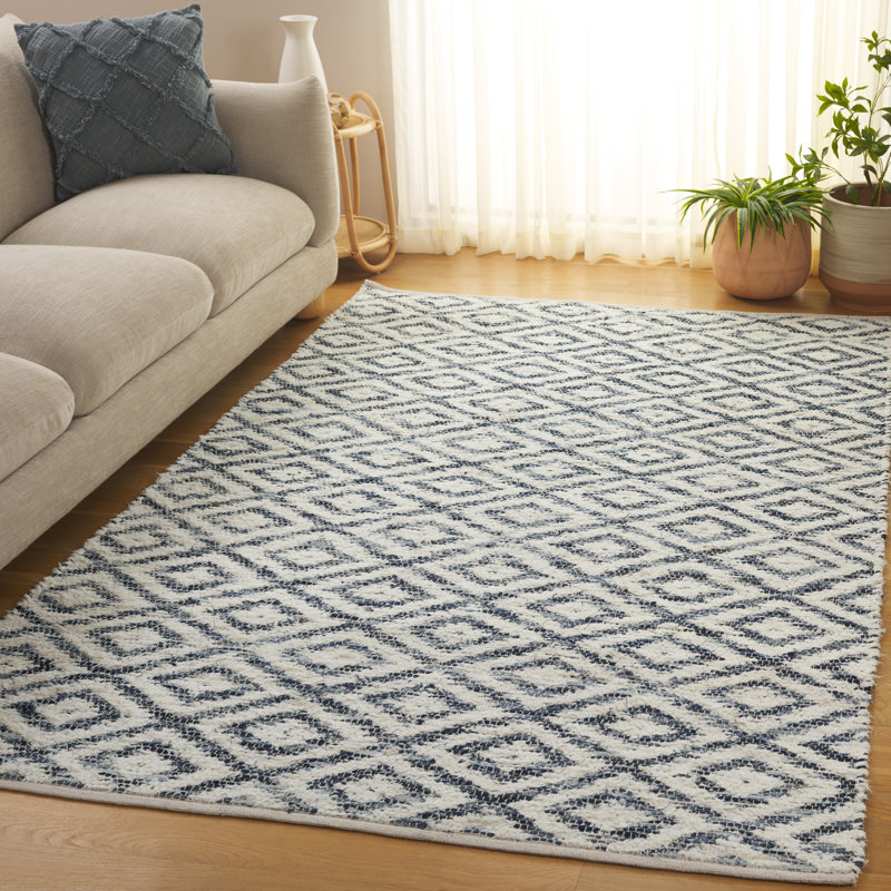 Natura 786 Hand Woven Denim/Salvage/Cotton Geometric Rug in Navy/Ivory, Rectangle 5' x 8'
