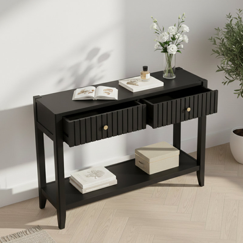 Modern Fluted Console Table with Drawers and Shelf – Narrow Entryway Sofa Table with Storage
