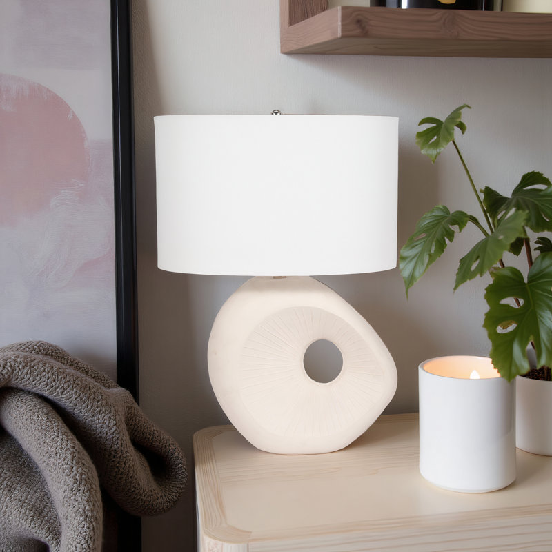 Modern Ceramic Table Lamp for Bedside Use - Sculptural Small Accent with Fabric Shade for Bedroom, Desk or Living Room Lighting - 26", Ivory & Tan