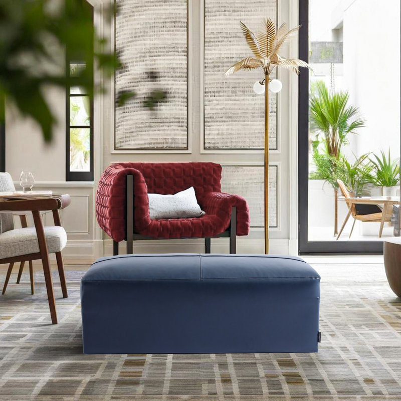 Hustle 110Cm Wide Genuine Leather Rectangle Footstool Ottoman, Navy Blue