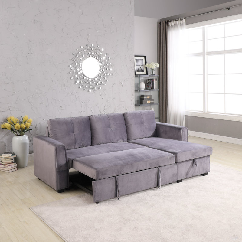 Upholstered L-Shaped Sectional Reversible, Gray Velvet