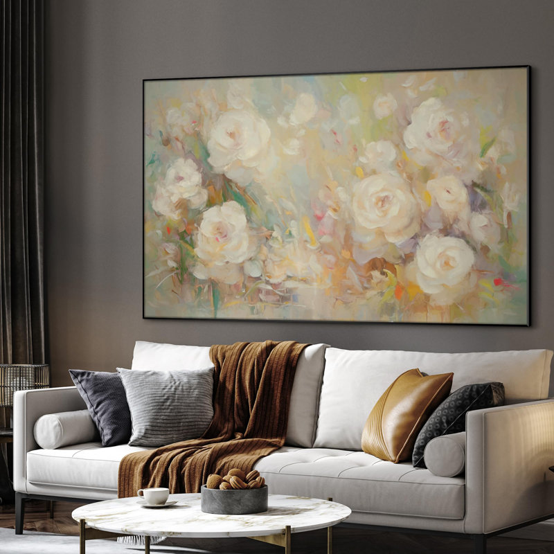 Extra Large Wall Art Fabric Print - Soft Pastel Roses in Abstract Impressionist Style Artwork Decor for Living Room or Bedroom - "Frame Assembly Required (Unfinished Frame)"