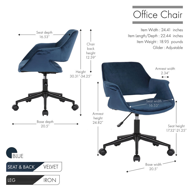 Colette Velvet Office Chair, Blue