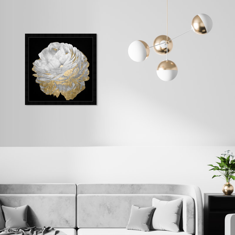 Or et fleurs légères - Peinture encadrée sur papier, H 22 po x l 22 po, Cadre noir