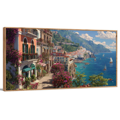  Extra Large Amalfi Coast Canvas Wall Art Framed, Italian Seaside Landscape Painting, Italy Wall Art, Blue Coastal Evening Picture Serene European Village Print for Living Room Bedroom 48x24in