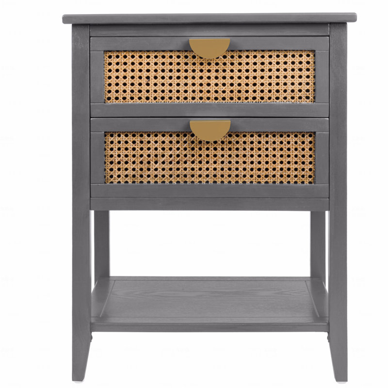 2 Drawer Side Table,Naturel Rattan,End Table, Gray