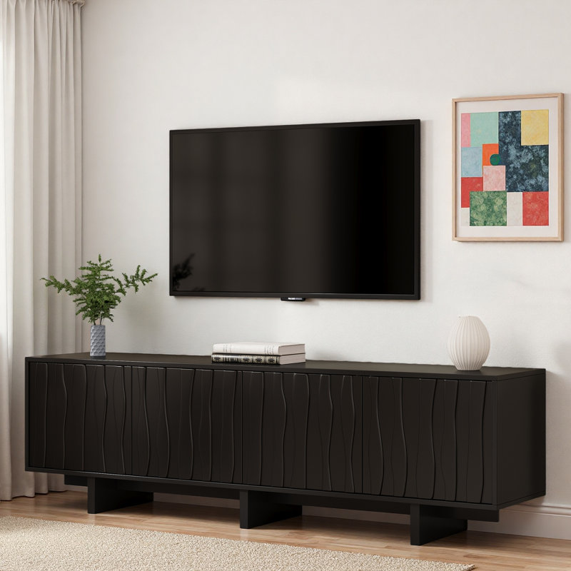 Meuble télé de style rétro avec panneau ondulé, grand espace de rangement et gestion des câbles, Noir